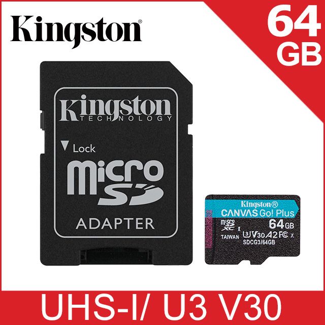 Kingston 金士頓   Canvas GO! Plus microSDXC UHS-I (U3)(V30)(A2) 64GB 記憶卡 (SDCG3/64GB)