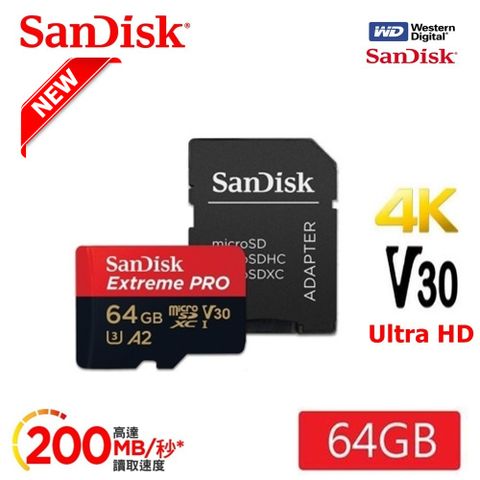 SanDisk 晟碟 NEW 64GB ExtremePRO microSDHC UHS-I(V30)(A2) 記憶卡 200MB/s(附SD轉卡) (原廠永久有限保固)