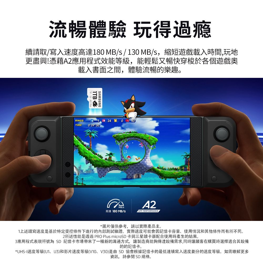 流暢體驗 玩得過瘾續取/寫入高達18 MB/s / 10 MB/s縮短遊戲載入時間,玩地更盡興!憑藉應用程式效能等級,能輕鬆又暢快穿梭於各個遊戲奧載入書面之間,體驗流暢樂趣。SAMSUNGRNGSTIME3024 0 40高達180 MB/sA2APP PERFORMANCE*圖片僅供參考,請以實際產品主。1上述讀寫速度是基於特定受控條件下進行的測試驗證。實際速度可能會因記憶卡容量使用情況和其他條件而有所不同。2所述性能是透過 PRO Plus microSD卡與三星讀卡器配合使用時產生的結果。3應用程式表現符號為SD 記憶卡市場帶來了一種新的溝通方式,讓製造商能夠傳達設備需求,同時讓願客在購買時選擇適合其設備的的記憶卡。*UHS-I速度等級(U1、U3)和影片速度等級(V10、V30)是由SD 協會根據記憶卡的最低寫入速度劃分的速度等級。如需瞭解更多資訊,請參閱 SD 規格。