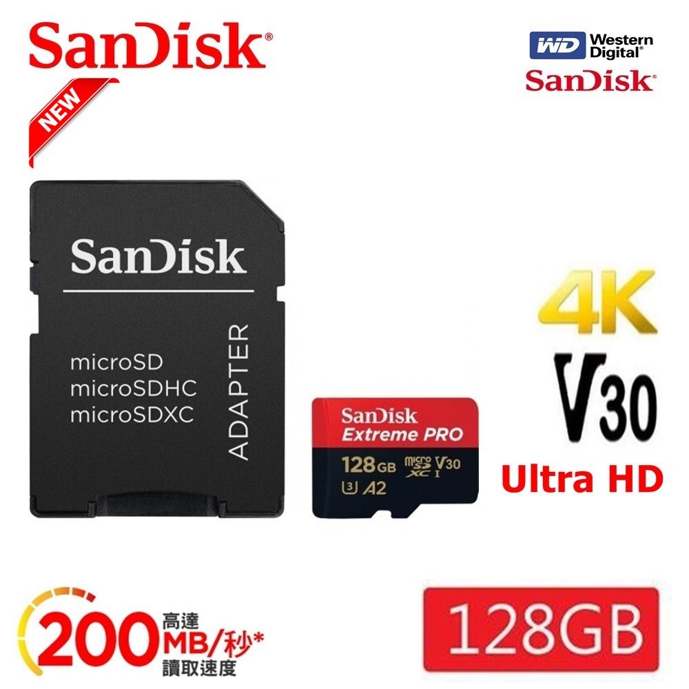 SanDisk 晟碟    NEW 128GB  ExtremePRO microSDXC UHS-I(V30)(A2) 128GB 200MB/s 記憶卡 (附SD轉卡)(原廠永久有限保固))