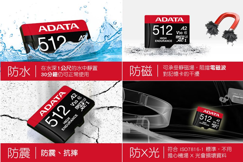 ADATA512防水在水深1公尺的水中靜置30分鐘仍可正常使用ADATA512V30 ADATA512HIGHENDURANCEV30 可承受靜磁場,阻擋電磁波防磁  對記憶卡的干擾ADATA51242防震 | 防震、抗摔防光符合ISO7816-1 標準,不用擔心機場光會損壞資料