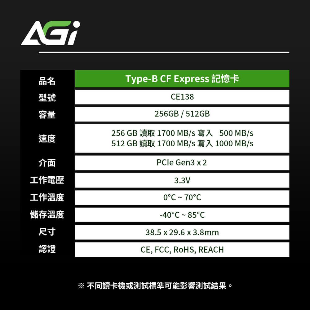 品名Type-B F Express 記憶卡CE138型號容量速度介面工作電壓工作溫度儲存溫度尺寸認證256GB/512GB256 GB 讀取 1700 MB/s 寫入 500 MB/s512 GB 讀取 1700 MB/s 寫入 1000 MB/s Gen3 x 23.3V0C 70C-40C 85C38.5 x 29.6 x 3.8mmCE, FCC, RoHS, REACH 不同讀卡機或測試標準可能影響測試結果。