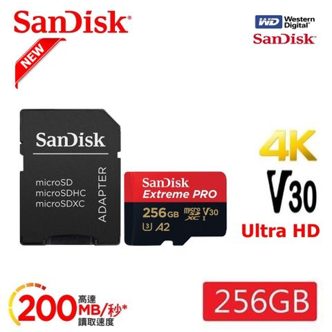 SanDisk 晟碟 NEW 256GB ExtremePRO microSDHC UHS-I(V30)(A2) 記憶卡 200MB/s(附轉卡)(原廠有限永久保固)