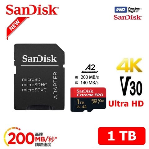 [極速升級 全新版] 1TB ExtremePRO A2 記憶卡 附SD轉卡(高速讀取200MB/s 原廠永久保固)