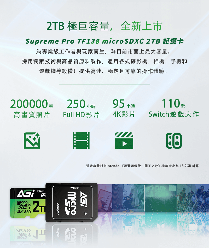 2TB 極巨容量,全新上市Supreme Pro TF13 SDXC 2TB 記憶卡為專業級工作者與玩家而生,為目前市面上最大容量。採用獨家技術與高品質原料製作,適用各式攝影機、相機、手機和遊戲機等設備!提供高速、穩定且可靠的操作體驗。張200000  250小時95 小時110高畫質照片Full HD影片4K影片Switch 遊戲大作8micro V30Gami遊戲容量 Nintendo 《薩爾達傳說:國王之》檔案大小為18.2GB 計算Adapter
