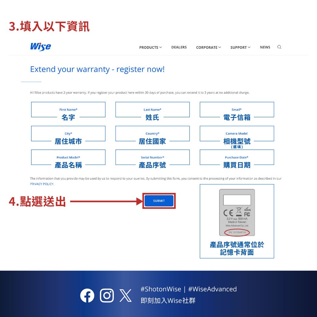3填入以下資訊PRODUCTSDEALERSCORPORATE✓SUPPORTNEWSExtend your warranty-register now!All products have -year warranty if you register your product here within 30 days of purchase you can extend it to 3 years at no additional charge.First Name名字Last Name姓氏CityCountry居住城市居住國家Email*電子信箱Camera Model相機型號(選填)Product Model*產品名稱Serial Number*產品序號Purchase Date*購買日期The information that you provide may be used by us to respond to your queries. By submitting this form, you consent to the processing of your information as described in ourPRIVACY POLICY.4.點選送出SUBMIT3.3V 500mAMade in TaiwanWise Advanced Co,SN 產品序號通常位於記憶卡背面#ShotonWise | #WiseAdvanced即刻加入Wise社群