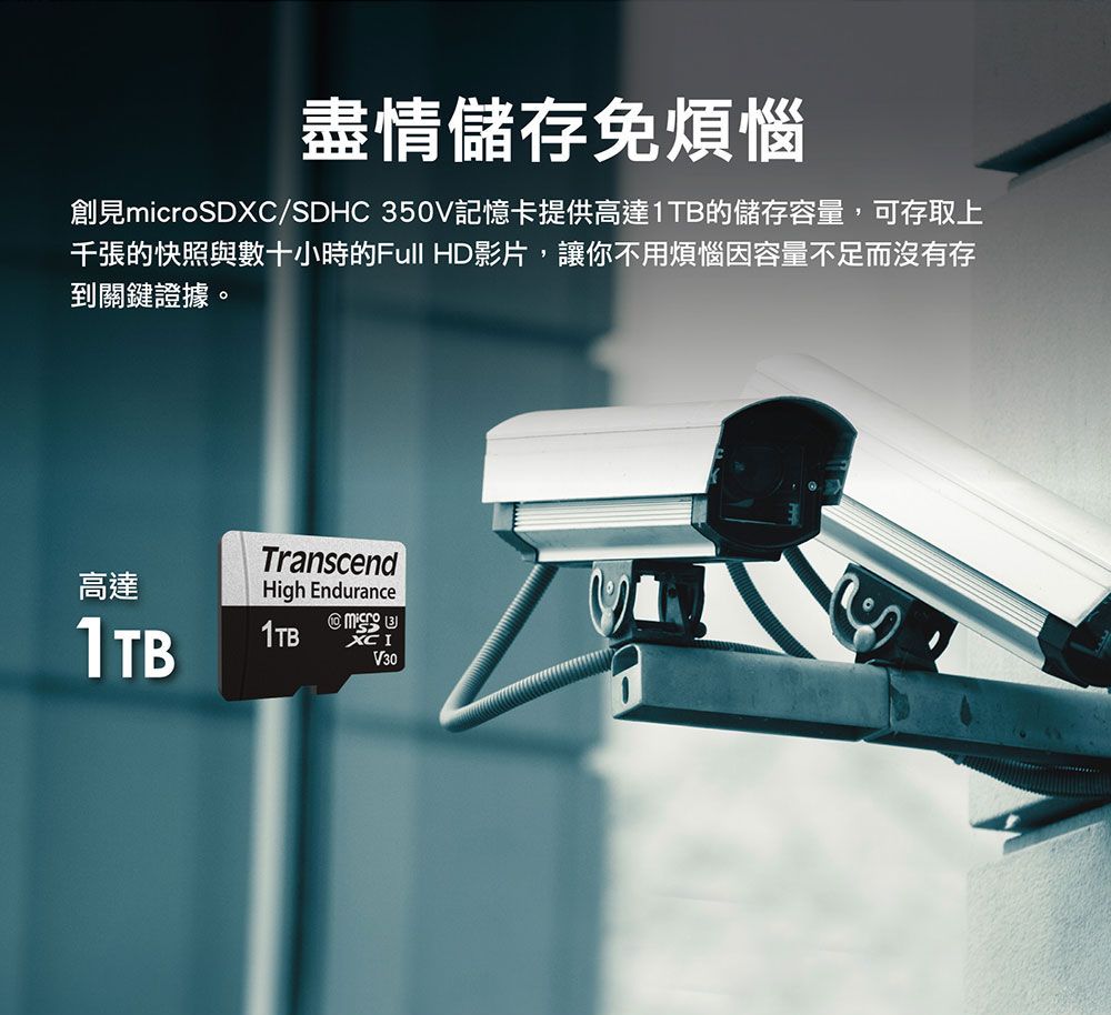 盡情儲存免煩惱創見microSDXC/SDHC 350V記憶卡提供高達的儲存容量,可存取上千張的快照與數十小時的Full HD影片,讓你不用煩惱容量不足而沒有存到關鍵證據。高達TB1TBTranscendHigh Endurance XCIV301