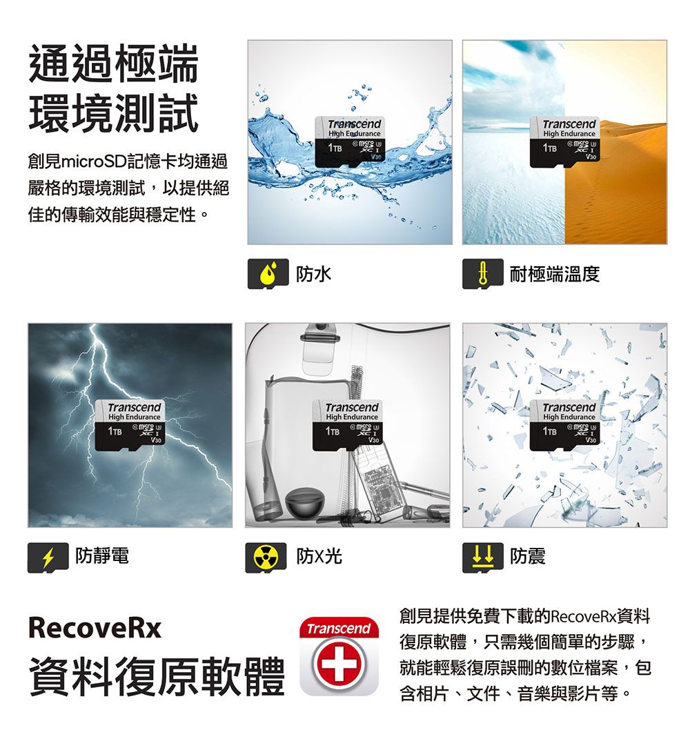 通過極端環境測試TranscendHigh EnduranceTranscendHigh Endurance01TB1TB創見microSD記憶卡均通過嚴格的環境測試,以提供絕佳的傳輸效能與穩定性。V3防水TranscendHigh EnduranceTranscendHigh Endurance1TB 1TBV30V30 耐極端溫度TranscendHigh Endurance1TBV30 防靜電RecoveRx防光Transcend防震資料復原軟體創見提供免費下載的RecoveRx資料復原軟體,只需幾個簡單的步驟,就能輕鬆復原誤刪的數位檔案,包含相片、文件、音樂與影片等。