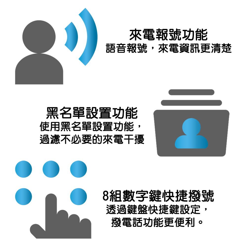 來電報號功能語音報號,來電資訊更清楚黑名單設置功能使用黑名單設置功能,過濾不必要的來電干擾8組數字鍵撥號透過鍵盤快捷鍵設定,撥電話功能更便利。