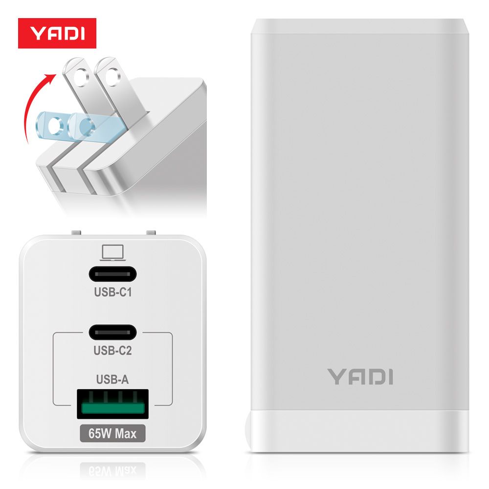 YADI 亞第 GaN 氮化鎵快充充電器/65W(瓦)/PD/QC/BSMI認證/2C1A三孔/白色