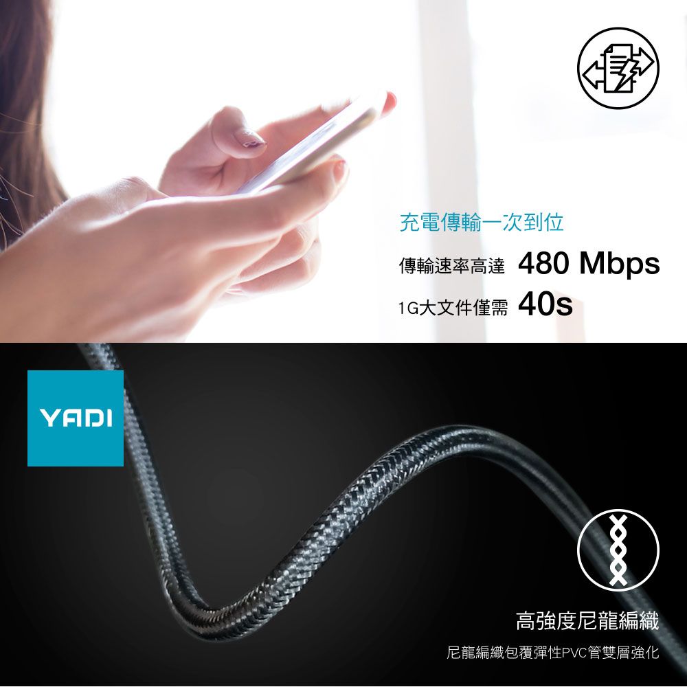 YADI充電傳輸一次到位傳輸速率高達480Mbps大文件僅需 40s高強度尼龍編織尼龍編織包覆彈性PVC管雙層強化