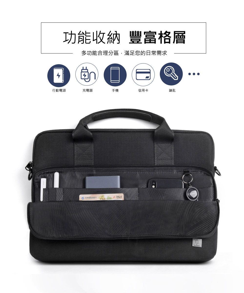 功能收納 豐富格層多功能合理分區滿足您的日常需求行動電源充電器手機信用卡鑰匙