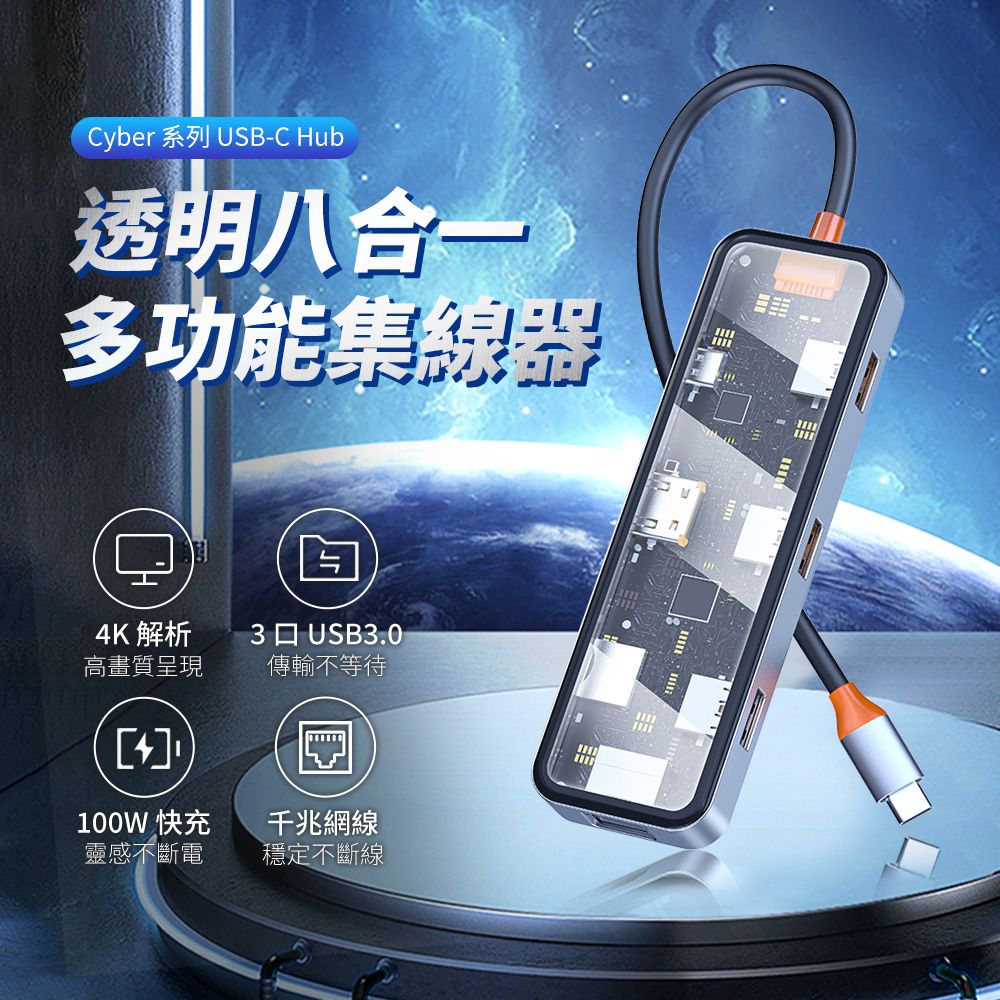 Cyber 系列 USB-C Hub透明八合一多功能集線器4K 解析 USB30高畫質呈現傳輸不等待[]100W 快充靈感不斷電千兆網線穩定不斷線.