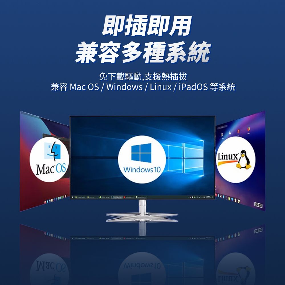 即插即用兼容多種系統免下載驅動,支援熱插拔兼容 Mac  / Windows/Linux / iPadOS 等系統LinuxMac OSWindows 10