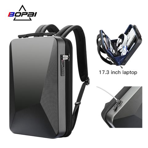TSA PC硬殼材質 海關密碼鎖USB充電 防水防碰撞 【BOPAI】17"PC硬殼超薄多功能後背包(含防盜鎖)