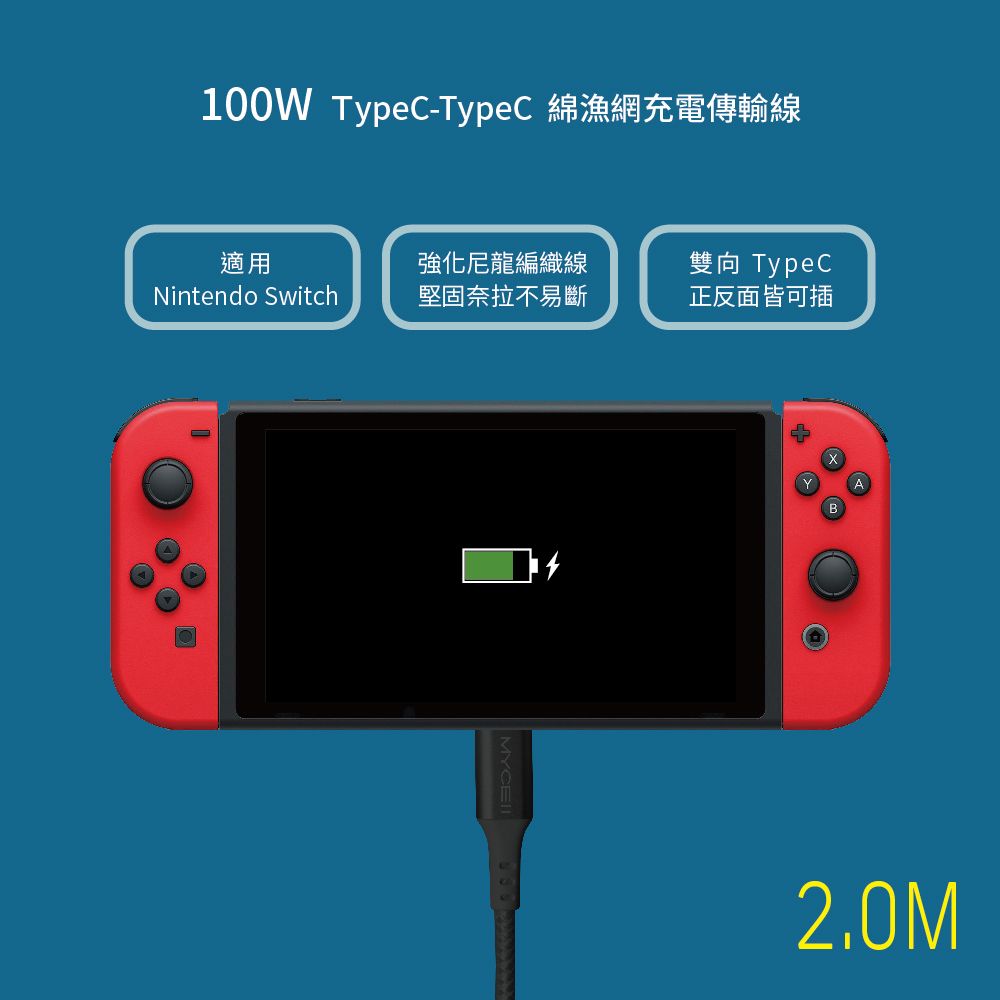 100W TypeC-TypeC 綿漁網充電傳輸線適用強化尼龍編織線雙向 TypeCNintendo Switch堅固奈拉不易斷正反面皆可插 2.0M