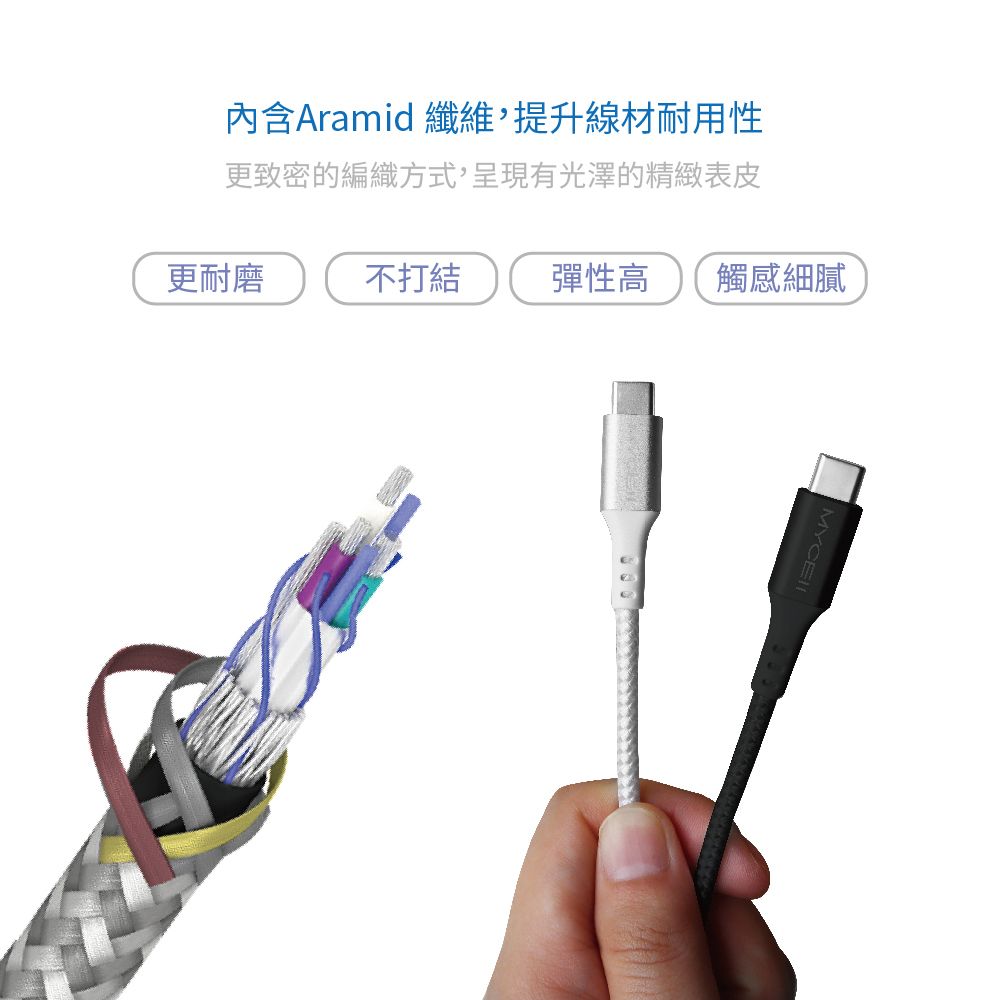 內含Aramid 纖維,提升線材耐用性更致密的編織方式,呈現有光澤的精緻表皮更耐磨不打結 彈性高 觸感細膩