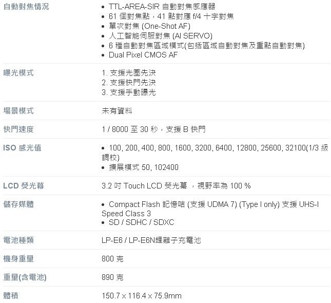 自動對焦情況曝光模式場景模式快門速度SO 感光值LCD 熒光幕儲存媒體電池種類機身重量 TTL-AREA-SIR 自動對焦感應器61 個對焦點41 點對應 f4 十字對焦單次對焦 (One-Shot AF) 人工智能伺服對焦 (AI SERVO)6種自動對焦區域模式(包括區域自動對焦及重點自動對焦)Dual Pixel CMOS AF1. 支援光圈先決2. 支援快門先決3. 支援手動曝光未有資料1 / 8000 至 30 秒,支援B 快門100, 200, 400, 800, 1600, 3200, 6400, 12800, 25600, 32100(1/3調校) 擴展模式 50, 1024003.2 吋 Touch LCD 熒光幕,視野率為 100 %Compact Flash 記憶咭 (支援 UDMA 7) (Type I only) 支援 UHS-ISpeed Class 3 SD/SDHC / SDXCLP-E6/LP-E6N鋰離子充電池800 克重量(含電池)890克體積150.7x116.475.9mm