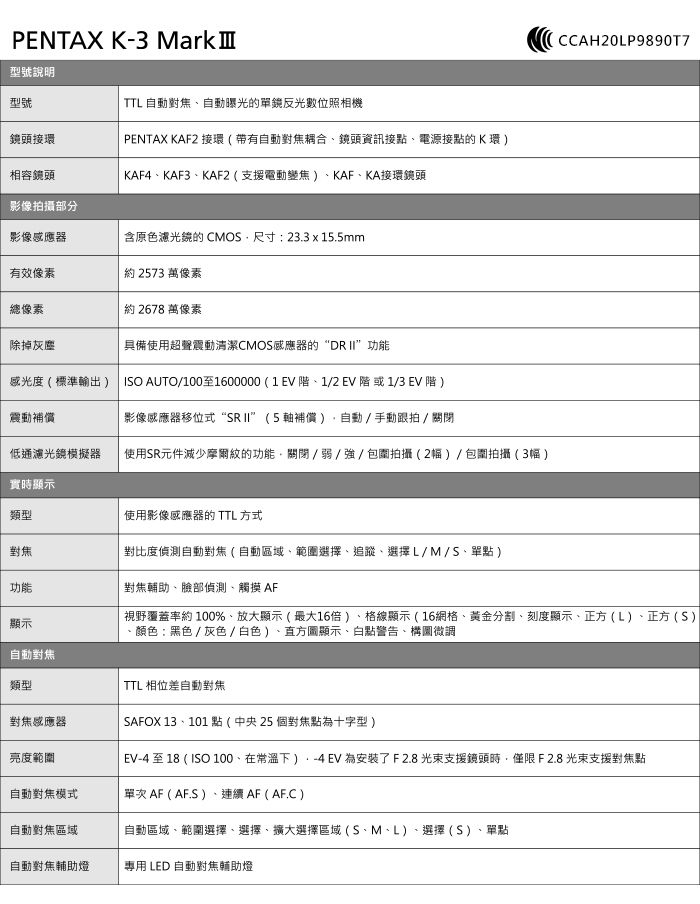 PENTAX K3 Mark 型號說明型號TTL 自動對焦自動曝光的單反光數位照相機鏡頭接環相容鏡頭影像拍攝部分PENTAX KAF2 接環(自動對焦耦合鏡頭資訊接點電源接點的K環KAF4KAF3KAF2 (支援電動變焦KAFKA接環鏡頭影像感應器含原色濾光鏡的CMO尺寸23.3x15.5mm有效像素約 2573 萬像素總像素約 2678 萬像素具備使用超聲震動清潔CMOS感應器的“DR II”功能除掉灰塵感光度(標準輸出) ISO AUTO/100至1600000(階、1/2EV 階或1/3EV階)CCAH20LP9890T7震動補償影像感應器移位式“SRII”(5軸補償)自動/手動跟拍/關閉低通濾光鏡模擬器使用SR元件減少摩爾紋的功能關閉/弱/強/包圍拍攝(2幅)/包圍拍攝(3幅)實時顯示類型使用影像感應器的 TTL 方式對焦對比度偵測自動對焦(自動區域、範圍選擇、追蹤、選擇L/M/S、單點)功能顯示自動對焦對焦輔助、臉部偵測、觸摸 AF視野覆蓋率約 100%、放大顯示(最大16倍)、格線顯示(16網格、黃金分割、刻度顯示、正方(L)、正方(S)顏色:黑色/灰色/白色)、直方圖顯示、白點警告、構圖微調TTL 相位差自動對焦類型對焦感應器SAFOX 13、101點(中央25個對焦點為十字型)亮度範圍自動對焦模式EV-4 至18 ( ISO 100、在常溫下)-4EV為安裝了F2.8支援鏡頭時,僅限F2.8支援對焦點單次 AF (AF.S)、連續AF(AF.C)自動對焦區域自動區域、範圍選擇、選擇、擴大選擇區域(S、M、L)、選擇(S)、單點自動對焦輔助燈專用 LED 自動對焦輔助燈