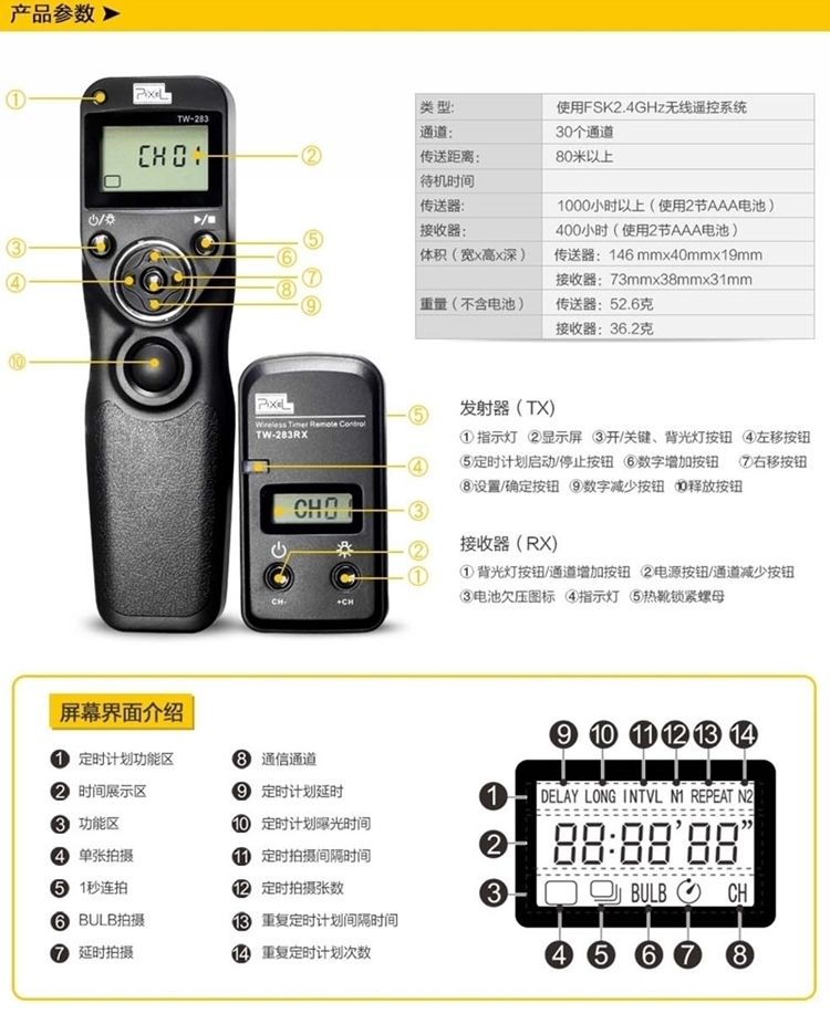 PIXEL 品色 無線電Olympus快門線定時遙控器TW-283/E3(相容奧林巴斯原廠RM-CB2快門線)適E-M1X E-M1 E-M5 MARK II III