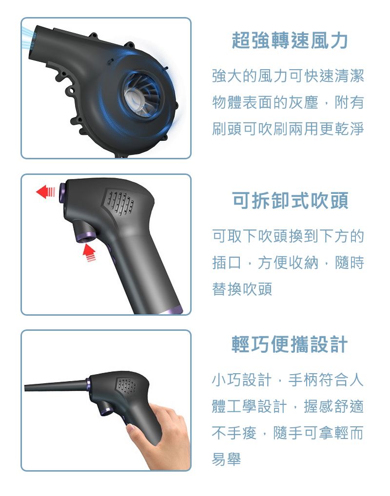 超強轉速風力強大的風力可快速清潔物體表面的灰塵,附有刷頭可吹刷兩用更乾淨可拆卸式吹頭可取下吹頭換到下方的插口,方便收納,隨時替換吹頭輕巧便攜設計小巧設計,手柄符合人體工學設計,握感舒適不手,隨手可拿輕而易舉