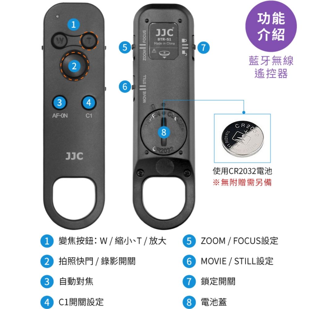 JJC 索尼Sony副廠藍牙無線錄影快門遙控器BTR-S1(相容原廠RMT-P1BT;支援變焦.對焦)適FX30 a1 a9 II a7 IV R S III a6700 ZV-1 ZV-E1 RX100M7