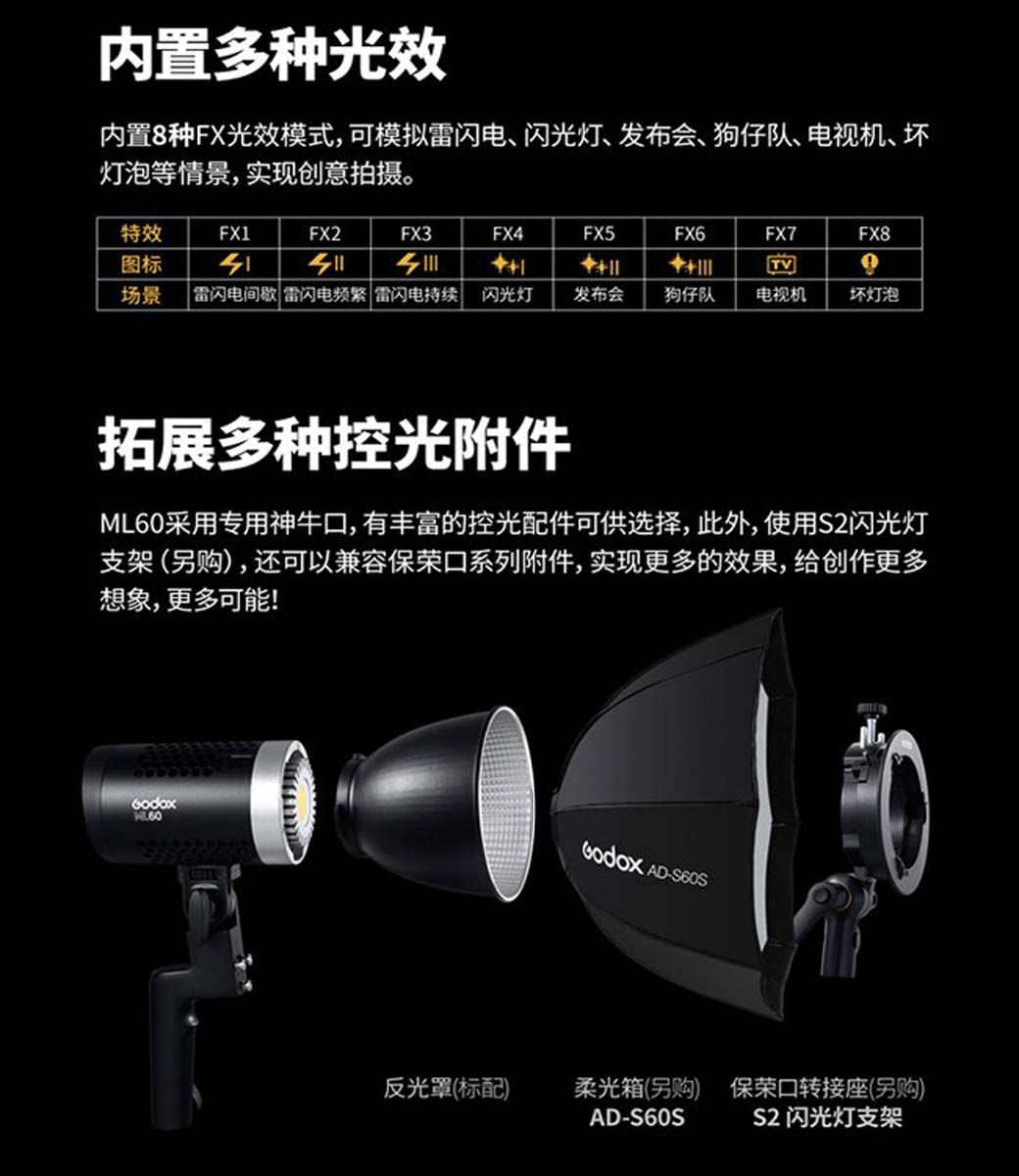 Godox 神牛ML60 60W 白光LED燈攝影燈棚燈補光燈神牛小卡口(公司貨