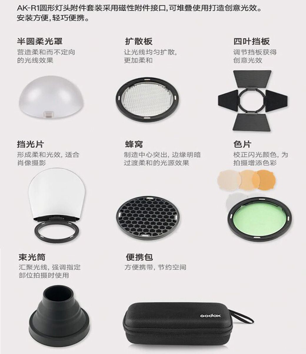 AK-R1圆形灯头附件套装采用磁性附件接口,可堆叠使用打造创意光效。安装方便,轻巧便携。半圆柔光罩扩散板四叶挡板营造柔和而不定向的光线效果让光线均匀扩散,更加柔和调节挡板获得创意光效挡光片蜂窝形成柔和光效,适合摄影制造中心突出,边缘明暗过渡柔和的光源效果束光筒便携包汇聚光线,强调指定方便携带,节约空间部位拍摄时使用色片校正闪光颜色,为拍摄增添色彩