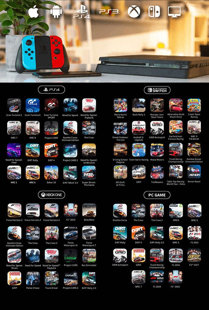 PS4NINTENDOSWITCH   Gran   Gran Turismo Need for Speed Need for SpeedSPORT   Rush  Monster Jam Adrenaline Rush Crash Team ASPHALT  3Project    Street The Asphalt Legends     8 World SONICNeed for Speed  4Project   Need for SpeedDriving School Team    Original  Racing  Championship     18 RALLY  Super StreetThe GameATV  TricksGRIP   Racing:  World Tour  PC GAMEXBOX ONEWRECKST     2   3 2019Wreckfest The The Crew 2WRC4WRC FE 2015Assetto  EditionThe CrewThe Crew 2 6  7 Rally 4 Rally WRC 6 2015GRIDGRID20 2017Need for Speed Need for Speed Need for Speed Project CARS  PaybackGRID GRIDTruck RacingChampionship 2016 2017GRIDTRUCKDRIVERGRIP ChaseTruck Project CARS 2  Rally WRC 7 2018F1 2019