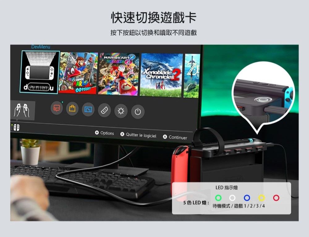 DevMenu en 快速切換遊戲卡按下按鈕以切換和讀取不同遊戲XenbladeChronicles OptionsQuitter le logiciel  ContinuerLED 指示燈o5色LED燈:待機模式/遊戲1/2/3/4