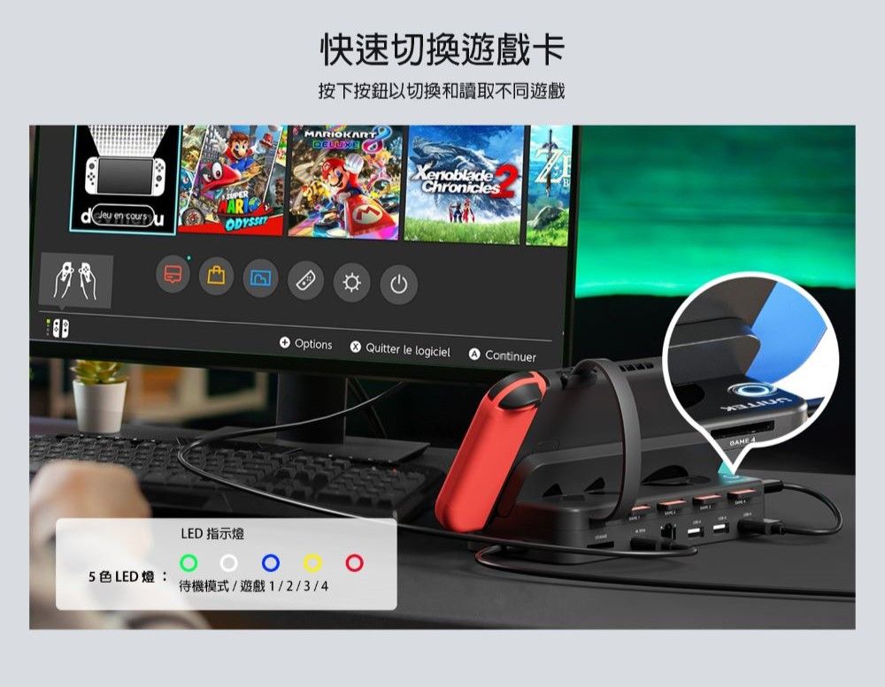 en cours快速切換遊戲卡按下按鈕以切換和讀取不同遊戲MARIOKARTDELUXEXenobladeChronicles OptionsQuitter le logicielContinuerLED 指示燈5色LED燈:待機模式/遊戲1/2/3/4