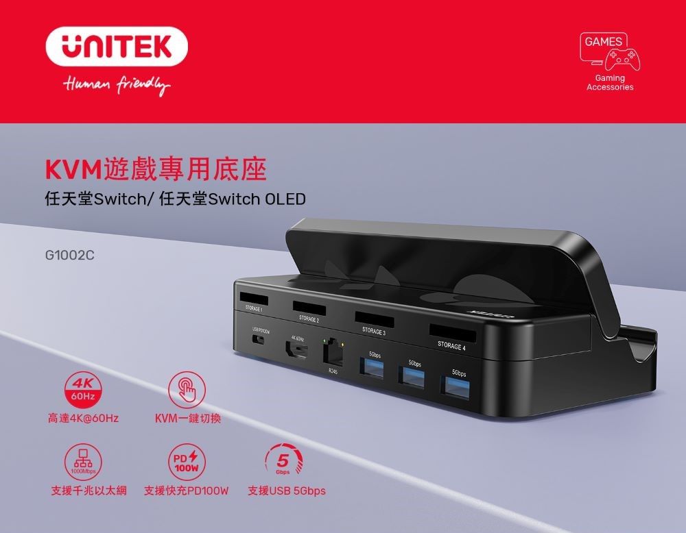 Human friendlyKVM遊戲專用底座任天堂Switch/任天堂Switch OLEDG002C4K4K@60HzKVM一鍵切換PD100W支援千兆以太網 支援快充PD100W 1STORAGE 2STORAGE 5USB 5GbpsSTORAGE 4GAMESGamingAccessories