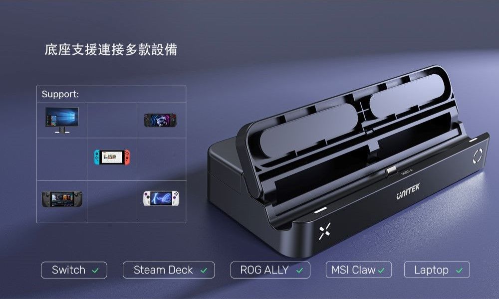 底座支援連接多款設備Support:Switch Steam Deck ROG MSI ClawLaptop