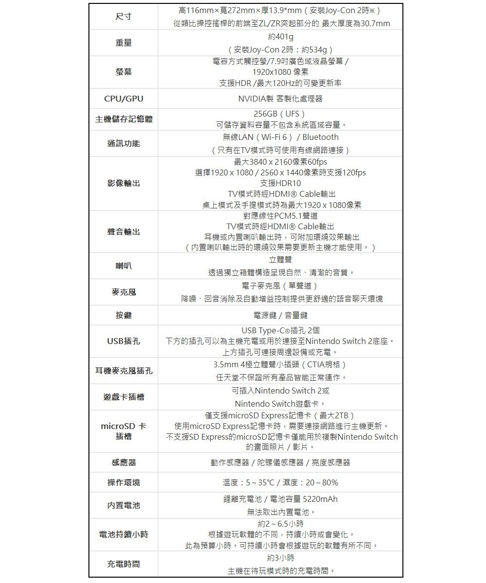 尺寸重量幕CPUGPU主機儲存記憶體通訊功能影像輸出聲音輸出喇叭麥克風按繼USB插孔高116mm寬72mm×厚13.9*mm(安裝Joy-Con 2※從類比操控搖桿的前端至ZL/ZR突起部分的 最大厚度為30.7mm約401g(安裝Joy-Con 2約534g)電容方式觸控螢/7.9廣色域液晶螢幕/1920x1080像素支援HDR/最大120Hz的可變更新率NVIDIA製 客製化處理器256GB (UFS)可儲存資料容量不包含系統區域容量。無線LAN(Wi-Fi6)/Bluetooth(只有在TV模式時可使用有線網路連接)最大3840x2160像素60fps選擇1920x1080/2560x1440像素時支援120fps支援HDR10TV模式時經 Cable輸出桌上模式及手提模式時為最大1920x1080像素對應線性PCM5.1聲道TV模式時經HDMI® Cable輸出耳機或內置喇叭輸出時,可附加環繞效果輸出(內置喇叭輸出時的環繞效果需要更新主機才能使用。)立體聲透過獨立箱體構造呈現自然、清澈的音質。電子麥克風(單聲道)降噪、回音消除及自動增益控制提供更舒適的語音聊天環境電源鍵/音量鍵USB Type-插孔 2個耳機麥克風插孔遊戲卡插槽microSD 卡插槽感應器操作環境內置電池電池充電時間下方的插孔可以為主機充電或用於連接至Nintendo Switch 2底座。上方插孔可連接周邊設備或充電。3.5mm 4極立體聲小插頭(CTIA規格 )任天堂不保證所有產品皆能正常運作。可插入Nintendo Switch 2或Nintendo Switch遊戲卡。僅支援microSD Express記憶卡(最大2TB)使用microSD Express記憶卡時,需要連接網路進行主機更新。不支援SD Express的microSD記憶卡僅能用於複製Nintendo Switch的畫面照片/影片動作感應器/陀螺儀感應器/亮度感應器溫度:5~35℃/濕度:20~80%鋰離充電池/電池容量 5220mAh無法取出內置電池。約2~6.5小時根據遊玩軟體的不同,持續小時或會變化。此為預算小時。可持續小時會根據遊玩的軟體有所不同。約3小時主機在待玩模式時的充電時間。