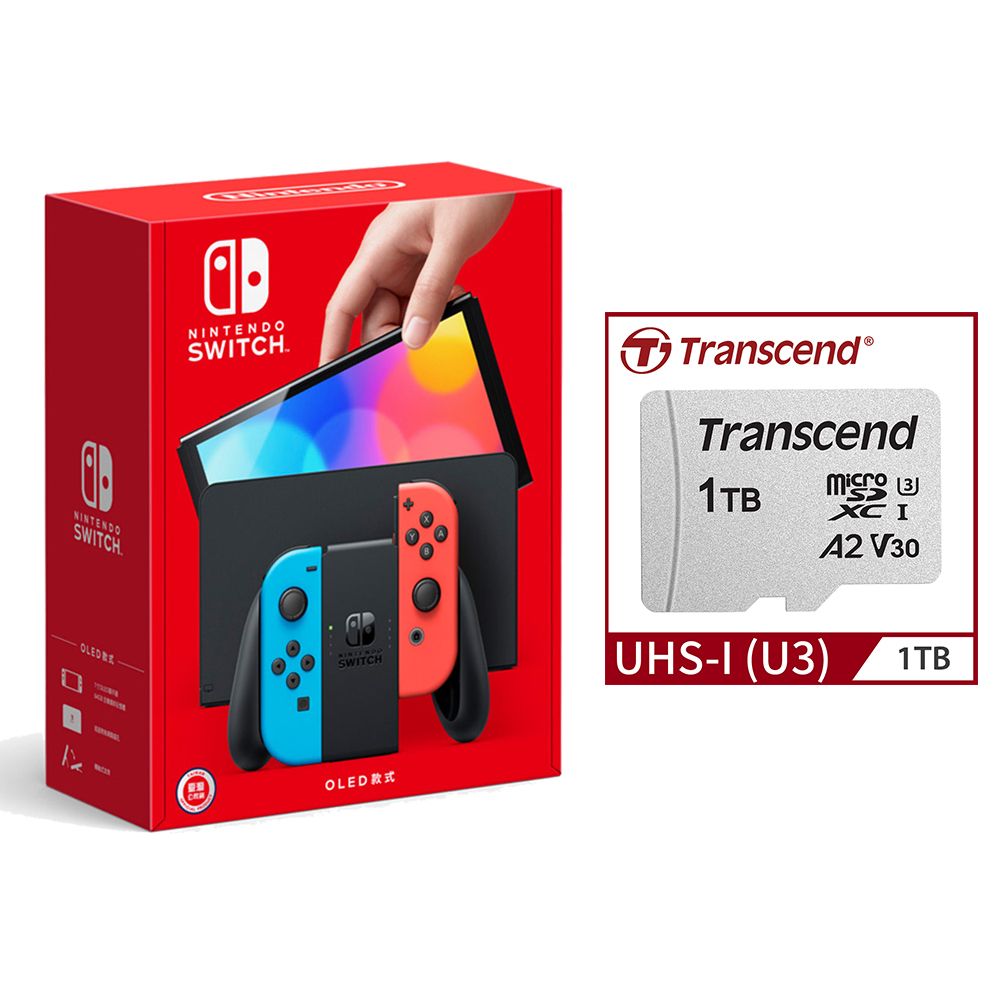 Nintendo 任天堂   SwitchOLED款式電光藍電光紅 台灣公司貨 + Transcend 創見 1TB記憶卡,附轉卡