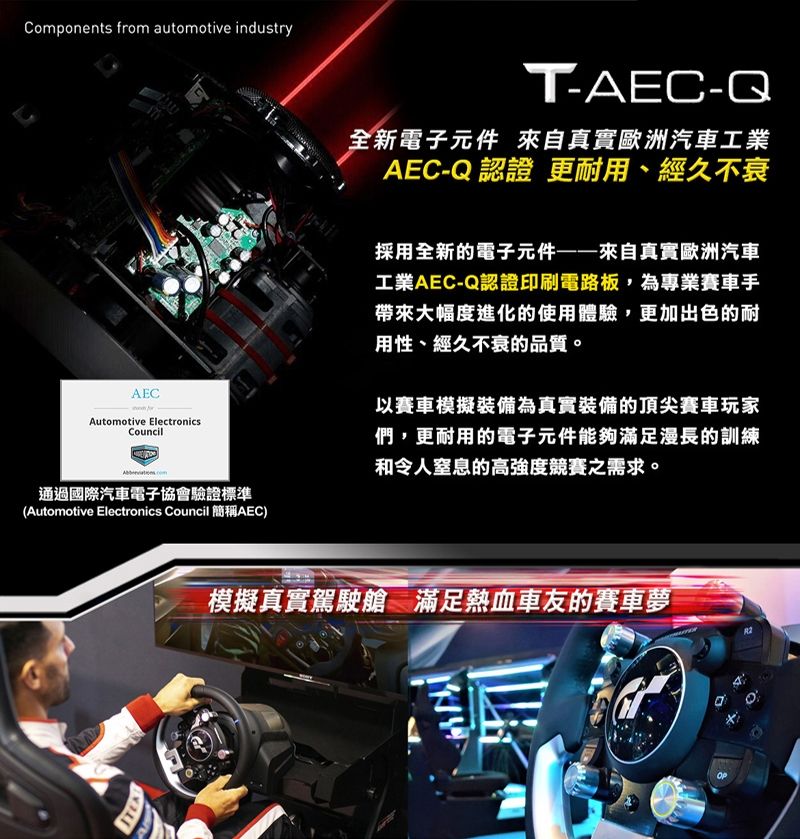 Components from automotive industryT-AEC-Q全新電子元件來自真實歐洲汽車工業AEC-Q 認證 更耐用、經久不衰AECAutomotive ElectronicsCouncil通過國際汽車電子協會驗證標準(Automotive Electronics Council 簡稱AEC)採用全新的電子元件——來自真實歐洲汽車工業AEC-Q認證印刷電路板,為專業賽車手帶來大幅度進化的使用體驗,更加出色的耐用性、經久不衰的品質。以賽車模擬裝備為真實裝備的頂尖賽車玩家們,更耐用的電子元件能夠滿足漫長的訓練和令人窒息的高強度競賽之需求。模擬真實駕駛艙 滿足熱血車友的賽車夢