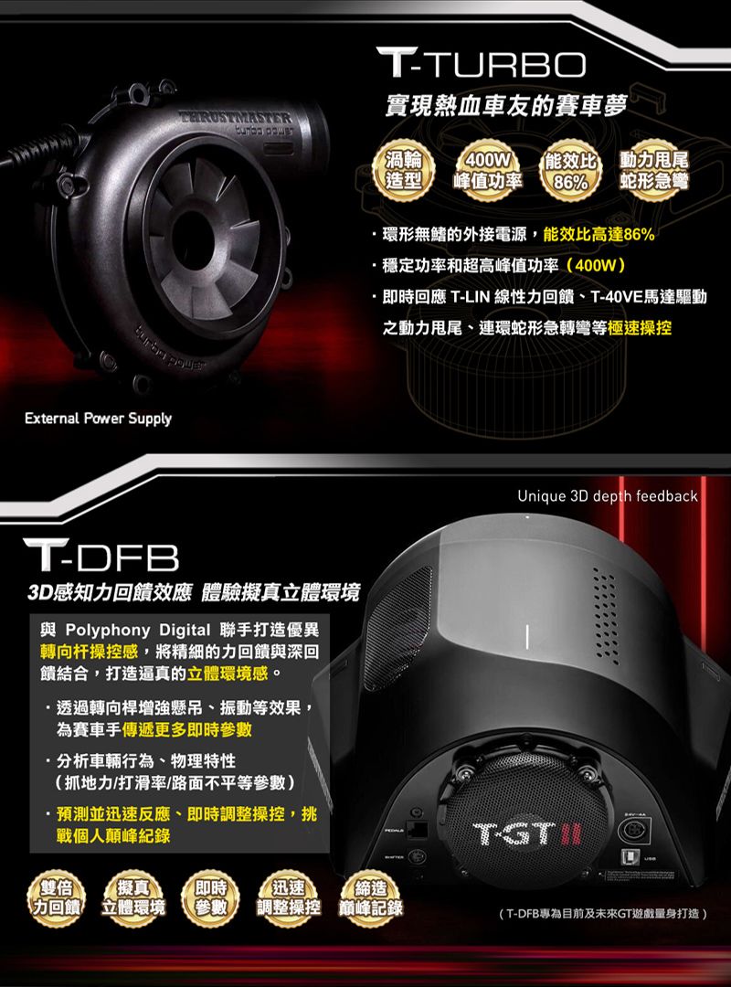 External Power SupplyT-TURBO實現熱血車友的賽車夢CHRUSTMASTER歐渦輪T-DFB3D感知力回饋效應 體驗擬真立體環境與 Polyphony Digital 聯手打造優異轉向杆操控感,將精細的力回饋與深回饋結合,打造逼真的立體環境感。透過轉向桿增強懸吊、振動等效果,為賽車手傳遞更多即時參數分析車輛行為、物理特性(抓地力/打滑率/路面不平等參數預測並迅速反應、即時調整操控,挑戰個人顛峰紀錄)造型 峰值功率能效比動力甩尾86%蛇形急彎環形無鰭的外接電源,能效比高達86%穩定功率和超高峰值功率(400W)·即時回應 T-LIN 線性力回饋、T-40VE馬達驅動之動力甩尾、連環蛇形急轉彎等極速操控Unique 3D depth feedback雙倍力回饋擬真立體環境即時迅速締造【參數 調整操控 巔峰記錄(T-DFB專為目前及未來GT遊戲量身打造)