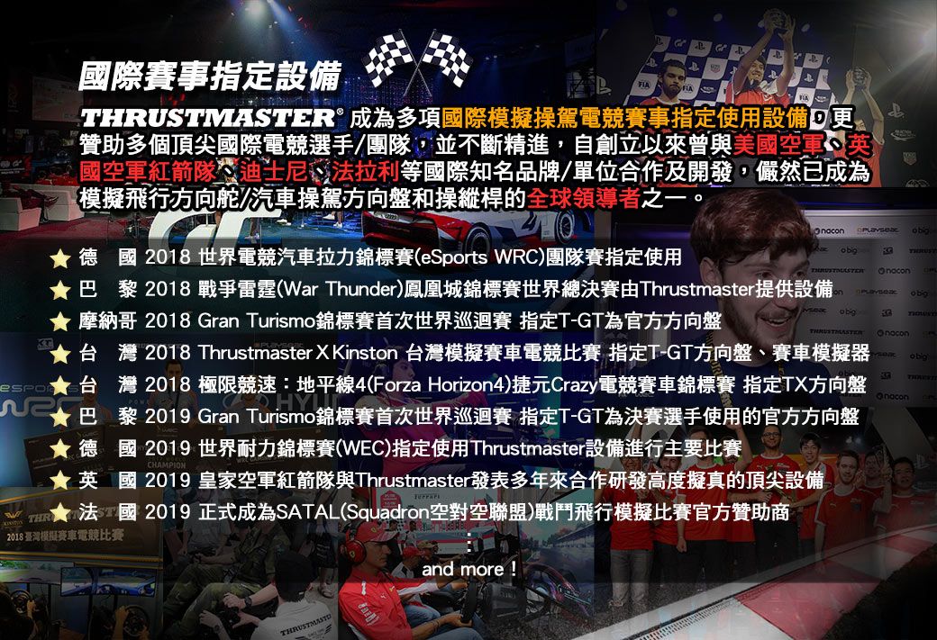 國際賽事指定設備 成為多項國際模擬操駕電競賽事指定使用設備  贊助多個頂尖國際電競選手團隊,並不斷精進,自創立以來曾與美國空軍英國空軍紅箭隊迪士尼法拉利等國際知名品牌/單位合作及開發,儼然已成為模擬飛行方向舵/汽車操駕方向盤和操縱桿的全球領導者之一。德國 2018 世界電競汽車拉力錦標賽(eSports WRC)團隊賽指定使用    巴黎2018 戰爭雷霆(War Thunder)鳳凰城錦標賽世界總決賽由Thrustmaster提供設備★ 摩納哥 2018 Gran Turismo錦標賽首次世界巡迴賽 指定T-GT為官方方向盤on THRUSTMASTER★台灣 2018 Thrustmaster X Kinston 台灣模擬賽車電競比賽 指定T-GT方向盤賽車模擬器台 灣 2018 極限競速地平線4(Forza Horizon4)捷元Crazy電競賽車錦標賽 指定TX方向盤九巴黎2019 Gran Turismo錦標賽首次世界巡迴賽 指定T-GT為決賽選手使用的官方方向盤★德國 2019 世界耐力錦標賽(WEC)指定使用Thrustmaster設備進行主要比賽★ 英國 2019 皇家空軍紅箭隊與Thrustmaster發表多年來合作研發高度擬真的頂尖設備:2019 正式成為SATAL(Squadron空對空聯盟)戰鬥飛行模擬比賽官方贊助商2018 臺灣模擬賽車電競比賽  and more!