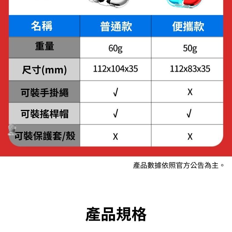 名稱普通款便攜款重量60g50g尺寸(mm)112x104x35112x83x35裝手掛繩可裝搖桿帽可裝保護套/殼產品數據依照官方公告為主。產品規格