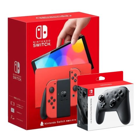 【Nintendo 任天堂】Switch OLED 瑪利歐 亮麗紅主機 x 原廠黑色 Pro 手把控制器 台灣公司貨