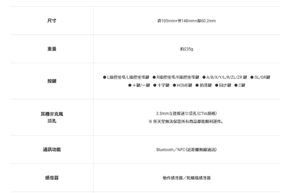 尺寸直105mmx148mmx60.2mm重量約235g按L操控搖桿儿操控搖桿 R操控搖桿/R操控搖桿鍵 A/B/X/Y/L/R/ZL/ZR鍵+鍵/一鍵十字鍵 HOME鍵拍攝鍵鍵 C鍵GL/GR鍵耳機麥克風插孔3.5mm迷你插孔(CTIA規格)※任天堂無法保證所有商品都能順利運作。通訊功能Bluetooth/NFC(近距離無線通訊)感應器動作感應器/陀螺儀感應器