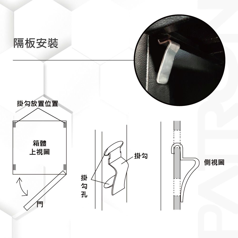 隔板安裝放置位置箱體上視圖掛勾掛勾側視圖