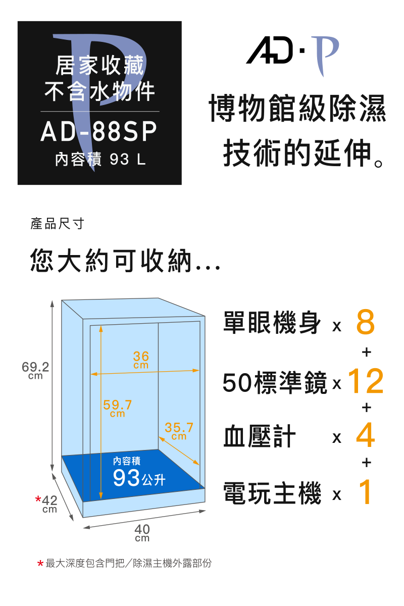 居家收藏不含水物件AD-88SP內容積 93 L博物館級除濕技術的延伸。產品尺寸您大約可收納...69.2cm*42cm59.7cm36mōcm內容積93公升35.7cm單眼機身  850標準鏡x12血壓計 x 4電玩主機 x 140cm*最大深度包含門把/除濕主機外露部份