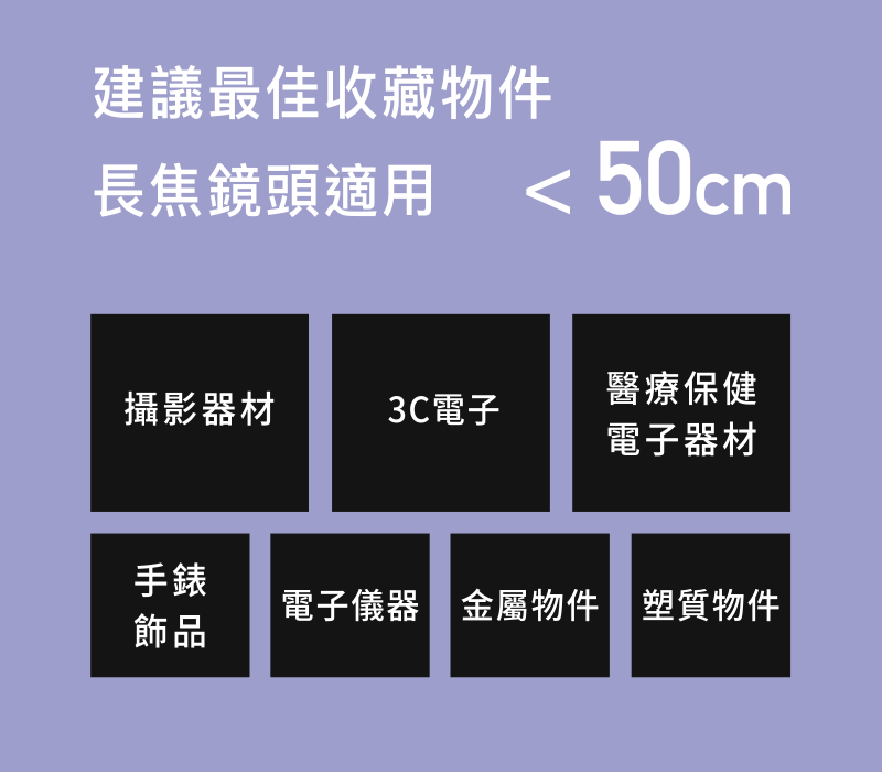 建議最佳收藏物件長焦鏡頭適用50cm醫療保健攝影器材3C電子電子器材手錶電子儀器 金屬物件 塑質物件飾品