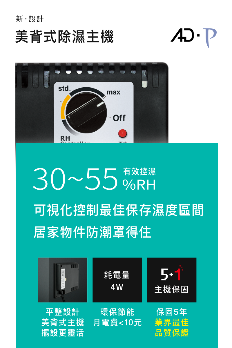 新設計美背式除濕主機std.RHmax Off有效控濕30~5 %RH可視化控制最佳保存濕度區間居家物件防潮罩得住耗電量514W主機保固平整設計美背式主機擺設更靈活環保節能月電費10元保固5年業界最佳品質保證