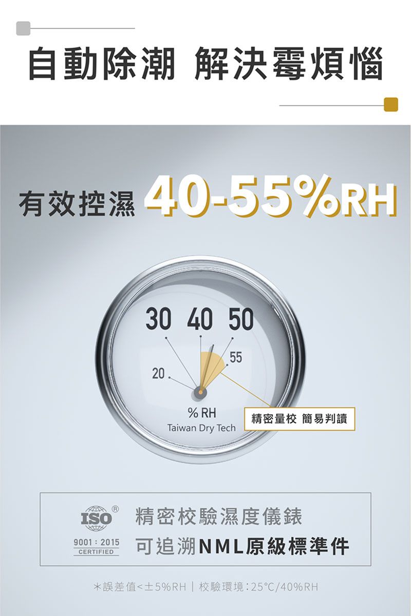 自動 解決霉煩惱有效控濕 %RH30 40 5020% RH精密量校 簡易判讀Taiwan Dry TechISO9001 2015CERTIFIED精密校驗濕度儀錶可追溯NML原級標準件*誤差值±5%RH  校驗環境:25/40%RH