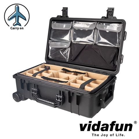 Vidafun V22 防水氣密抗撞提把滑輪箱 黑色【氣密箱+內膽隔板組(沙色)+上蓋收納袋】