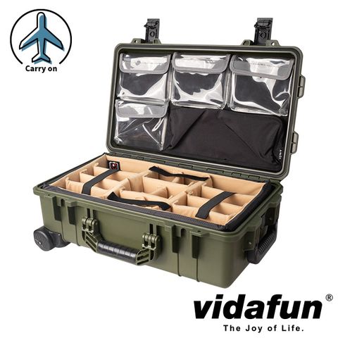 Vidafun V22 防水氣密抗撞提把滑輪箱 綠黑色【氣密箱+內膽隔板組(沙色)+上蓋收納袋】