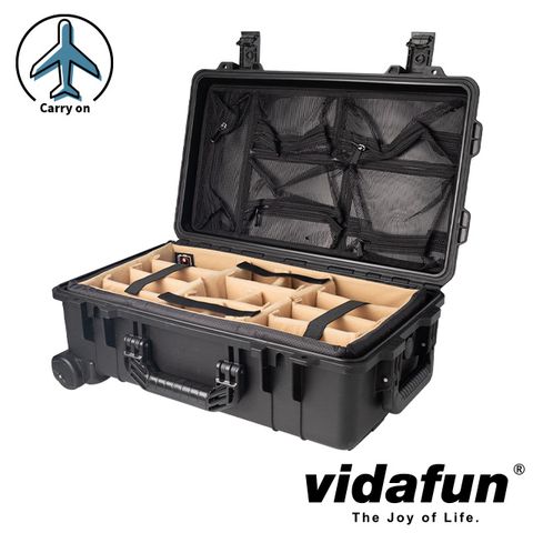 Vidafun V22 防水氣密抗撞提把滑輪箱 黑色【氣密箱+內膽隔板組(沙色)+上蓋收納網袋】