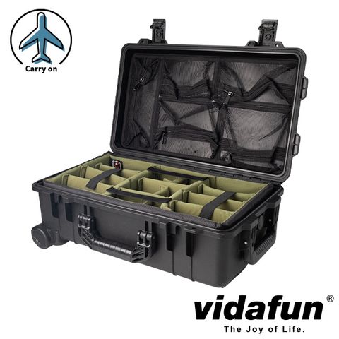 Vidafun V22 防水氣密抗撞提把滑輪箱 黑色【氣密箱+內膽隔板組(綠色)+上蓋收納網袋】